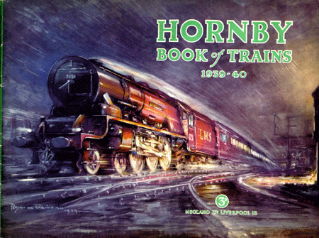 Front cover of the Hornby Book of Trains 1939-40 showing a steam locomotive.
