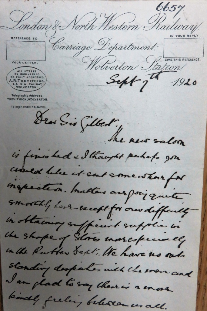 Letter from A.R. Trevithick of Wolverton Station's Carriage Department to Sir Gilbert Claughton - Chairman of the London & North Western Railway.